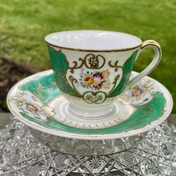 Vtg  Hand Painted In Occupied Japan  Green Decorated Teacup And Saucer