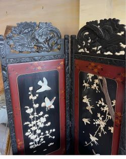 Asian Lacquered Wood Folding Screen Room Divider