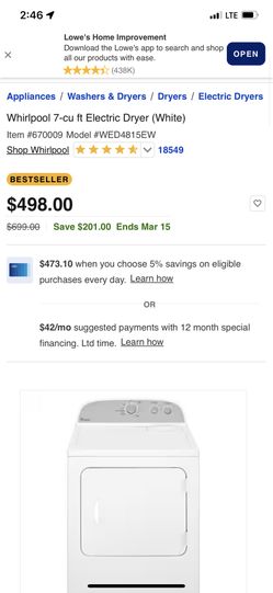 Whirlpool 7-cu ft Electric Dryer (White) Model #WED4815EW