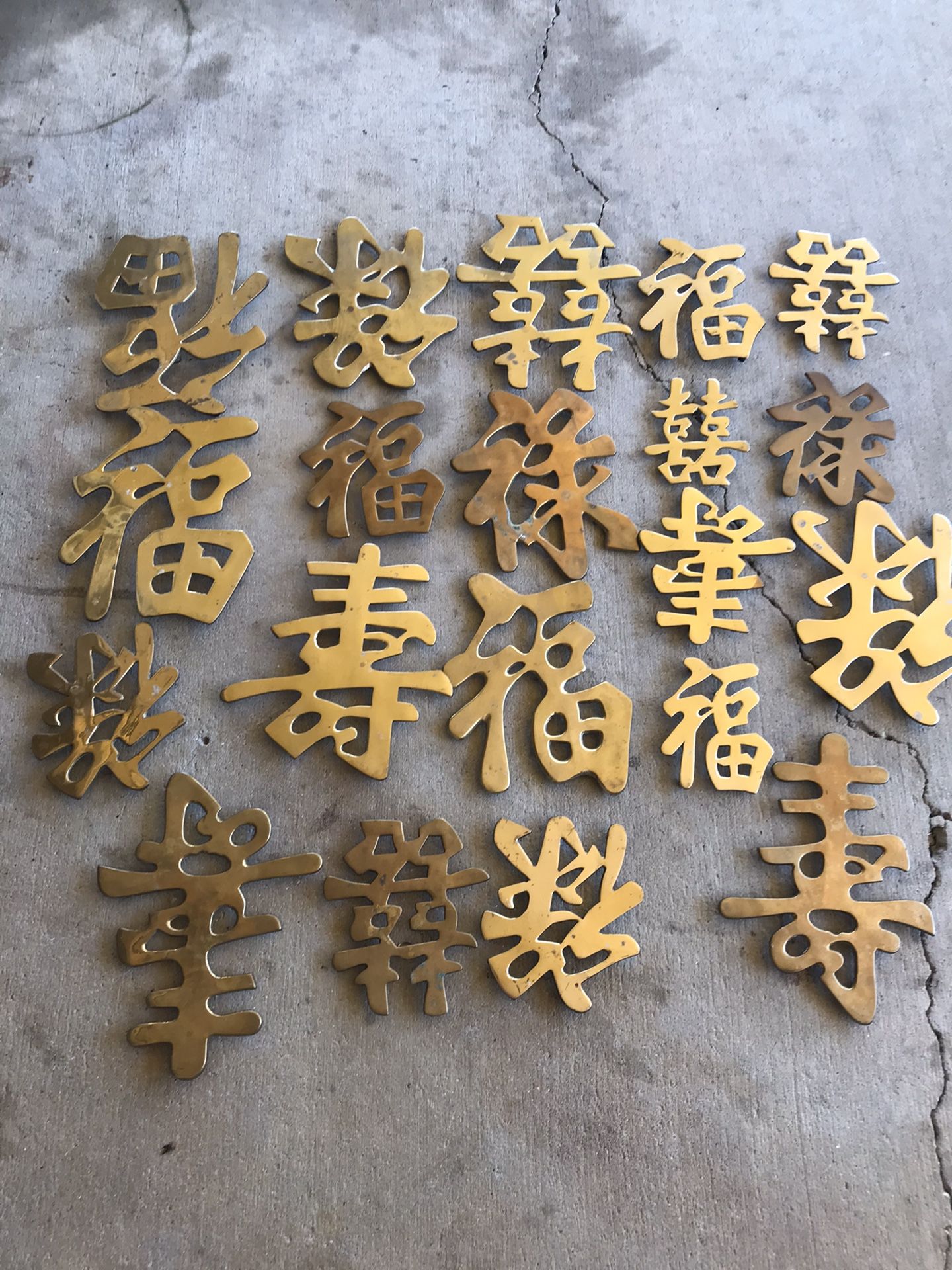 Bundle of Brass Oriental Chinese Symbols Trivet Wall Decor - 20 Total