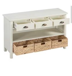 47 in. Antique White Rectangle MDF Console Table with 3-Drawers and Water Hyacinth Woven Baskets