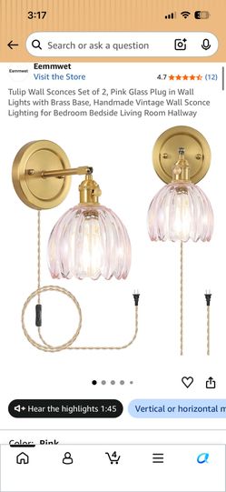 Tulip Wall Sconces Set of 2, Pink Glass Plug in Wall Lights with Brass Base, Handmade Vintage Wall Sconce Lighting for Bedroom Bedside Living Room Hal
