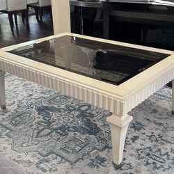 Marge Carson 2-Piece Living Room Table Set Elegant Carved Wood Side Table in Cream Finish and Coffee Table With Glass Inset