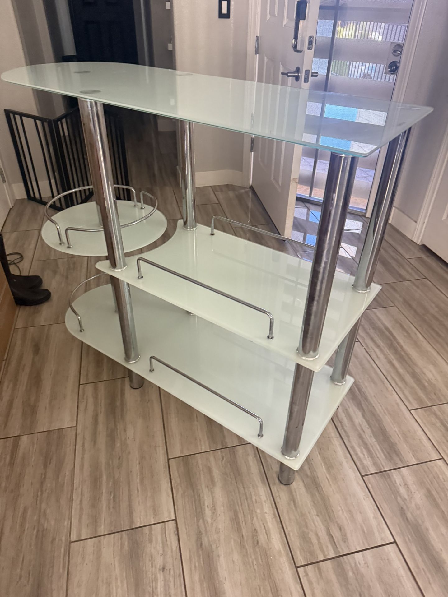 Modern Glass & Chrome Bar Cart / Home Bar Table – 3 Shelves with Bottle Holder