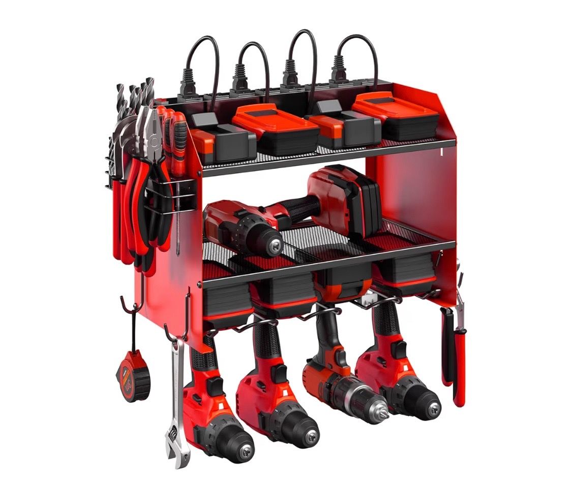Modular red power tool organizer wall mount has a charging station for batteries. It has shelves for holding power tool batteries and slots for hangin
