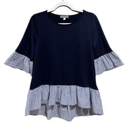 Pleione Anthropologie Women’s Top Navy Blue / Striped Bell Sleeves Peplum Size S