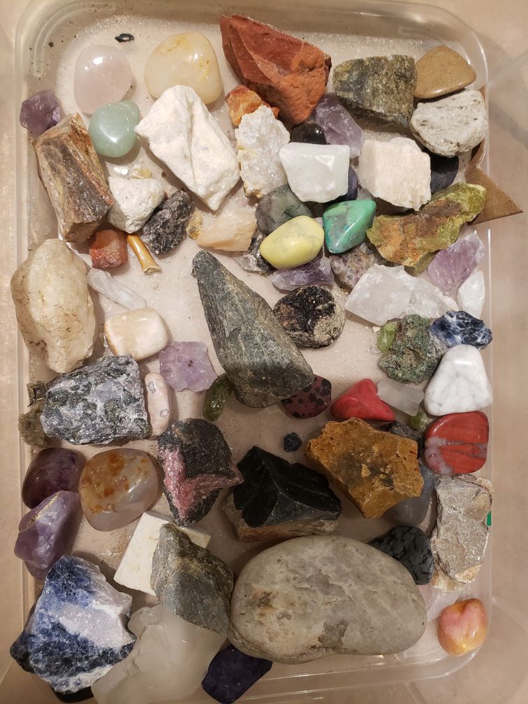 Box of rocks and crystal pieces