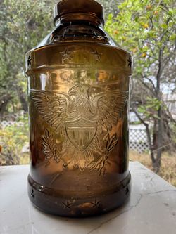 Large Vintage Amber Vase W Embossed Eagle Design 