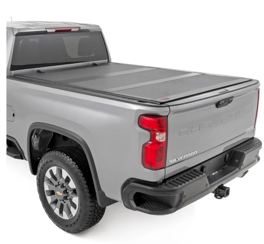 Rough Country Hard Flip-Up Truck Bed Tonneau Cover For Chevy Silverado & GMC Sierra 2500HD/3500HD (2020-2025) - Aluminum Tri-Fold Bed Cover, Fits 6'9 