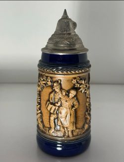Vintage German Beer Stein Blue Relief Couple Pewter Lid Ceramic Tankard Mug