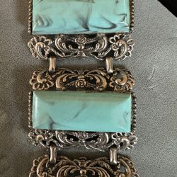 Wide Silver Tone Panel Bracelet / Faux Turquoise Thermoset 