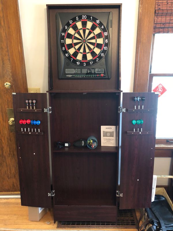 Halex Smack Talking Dart Board Stand Up Wood Cabinet For In Halex Smack Talking Dart Board Stand Up Wood Cabinet