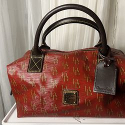 Dooney & Bourke Red and Gold Signature Leather Barrel Satchel