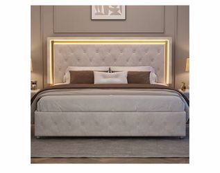 Queen Bed Frame LED Lights Headboard , Velvet cream