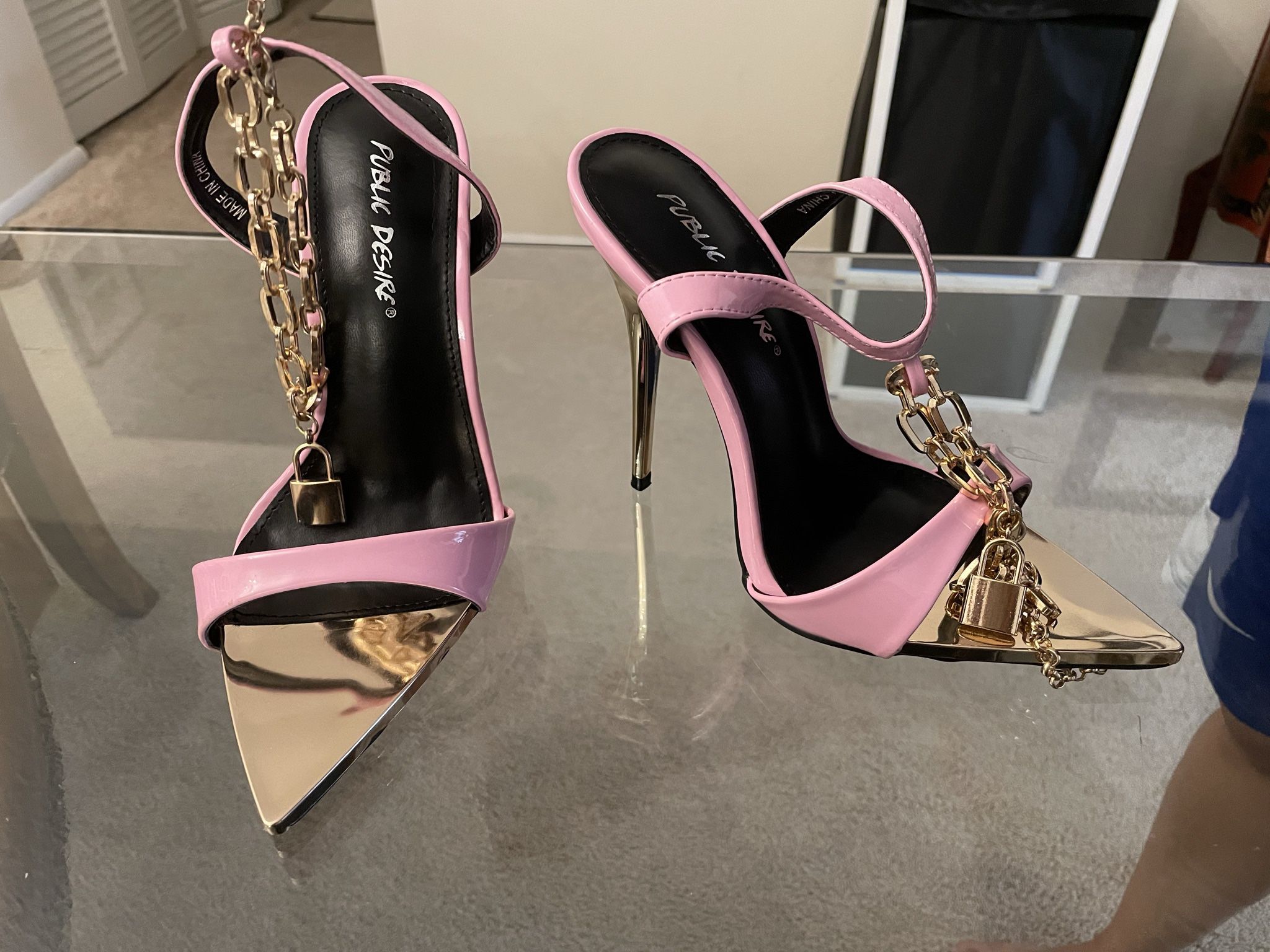 Public Desire Pink Pastel Wide Fit Lock Chain Detail Anklet Strap Stiletto Heels