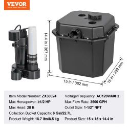 VEVOR Utility Sink Pump, 1/2 HP, 120-Volt, 3500 GPH Flow, 28 ft Head, Under-Sink Sump Pump System with 6 Gallon Basin, Automatic Utility/Laundry Sink