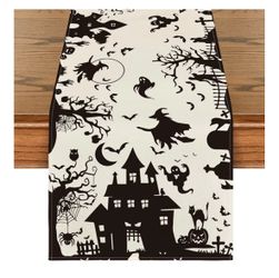 Halloween Table Runner 13” x 72” – Black & White Spooky Decor – New