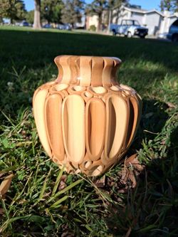 UNIQUE VINTAGE MCM LACQUERED BAMBOO FLOWER VASE. REALLY COOL PIECE!. 8" tall, 5" wide...asking $25.00