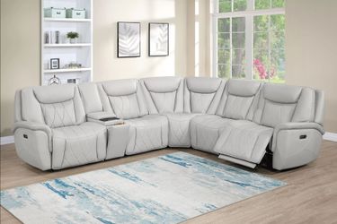 Brand New Light Grey Super Plush Leather Power Reclining Sectional Sofa
