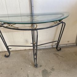 Nice Half Moon Metal & Glass Console, Sofa Table, Entry. Glass Is Thick Beveled In Great Condition No Chips