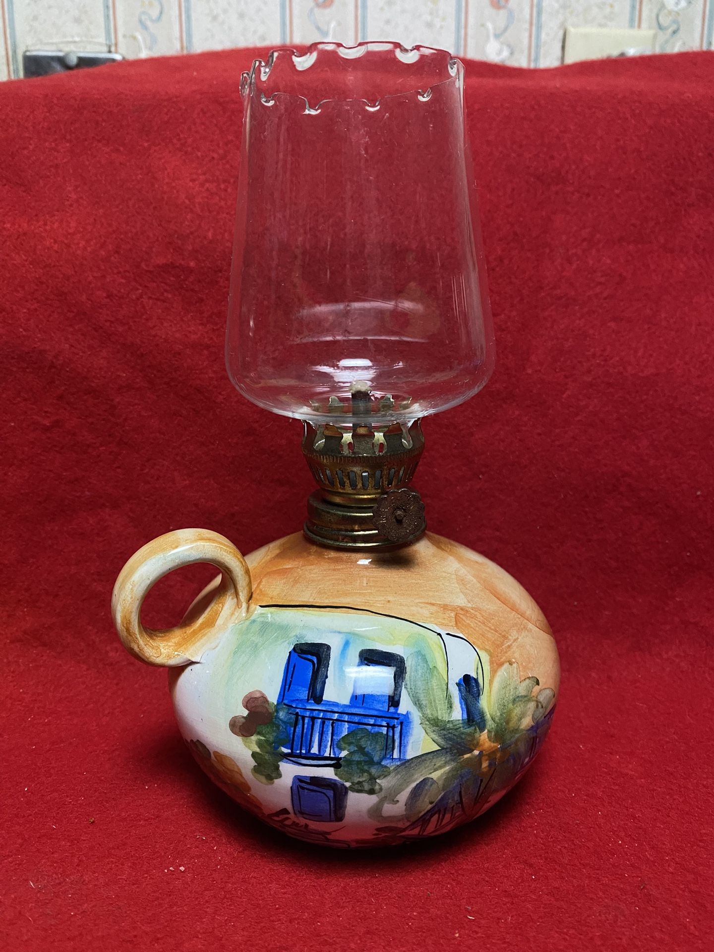 8.5 inches with Glass Handmade Hand painted Imported From Greece Ceramic Oil Lamp