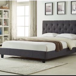 Brand New In Box Queen Size Dark Grey Linen Upholstered Bed With Mattress. Assembly Required, We Can Deliver, Cama Con Colchon.
