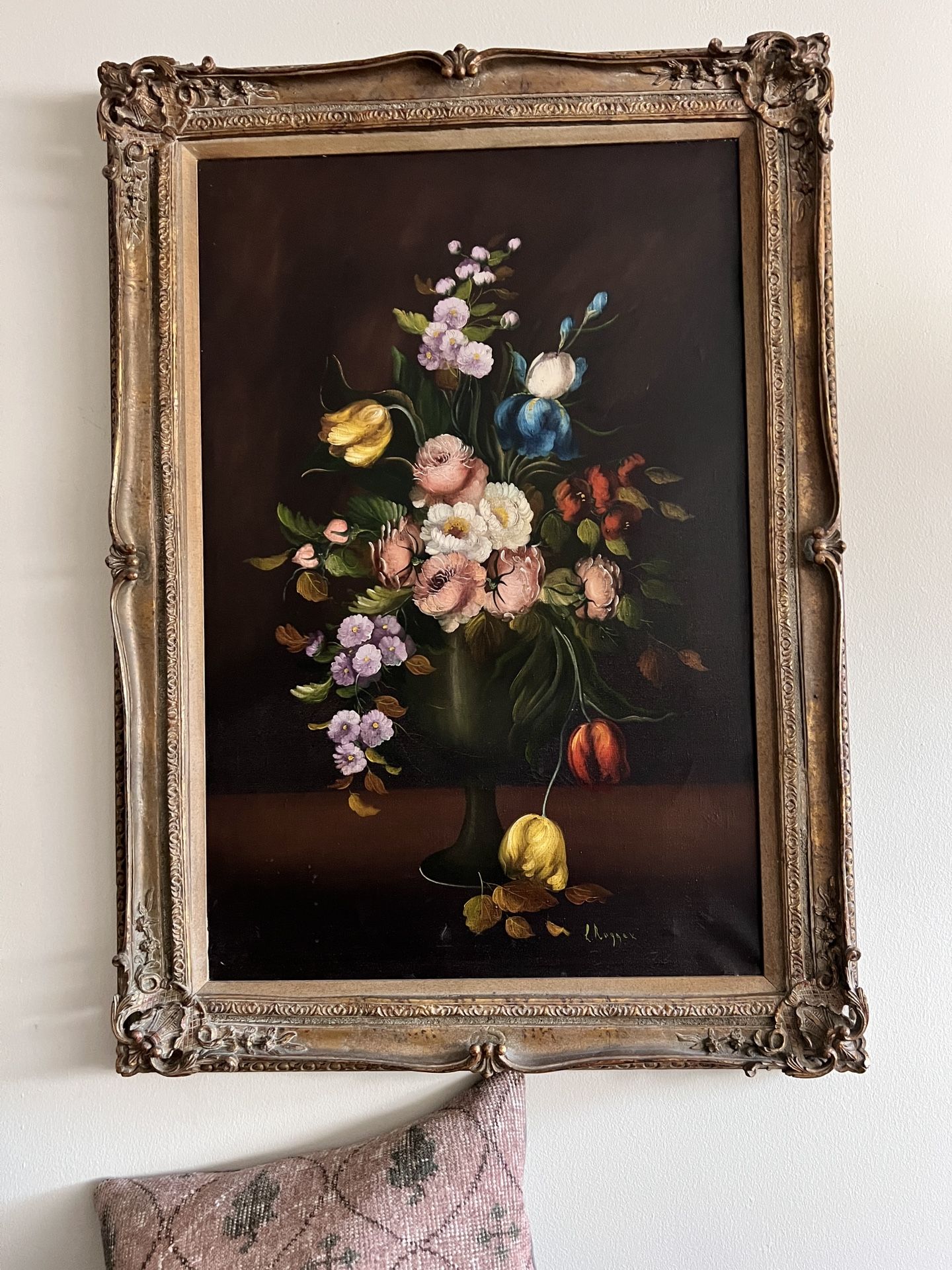 Framed Vintage Floral Still Life Oil Painting – Signed L. Ruggeri