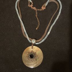 20” Vintage Double Strand ( Bronze And Aqua Marine) Necklace With Mother Pearl Pendant,By Avon RN