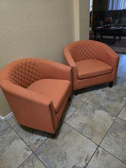 2  Wealthome Orange tufted Barrel accent chairs with nail heads