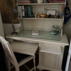 White wooden desk w attached shelf and chair