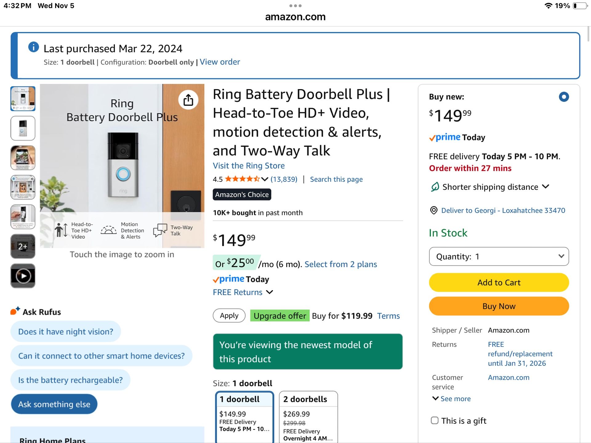 Ring Battery Doorbell Plus | Head-to-Toe HD+ Video, motion detection & alerts, and Two-Way Talk