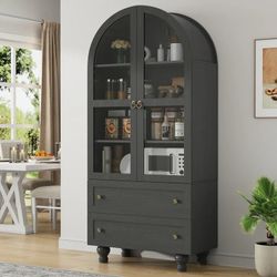 Arched Kitchen Pantry Cabinet, 71" Tall Wood Storage Cabinet with 2 Glass Doors, 4 Shelves and 2 Drawers, Food Cabinet for Kitchen, Living R