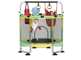 60" Toddler Trampoline for Kids with Net, 6-in-1 Indoor/Outdoor Trampoline Anti-Tilt Frame & Thick Padded Spring Cover,Easy Assembly, Safe Enclosed Bo