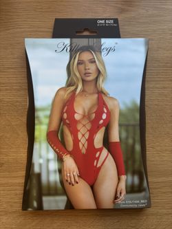 Red Lace Bodysuit w Matching Gloves Lingerie