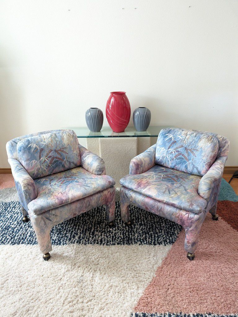 Pair of Postmodern Marge Carson Upholstered Accent Club Rolling Chair