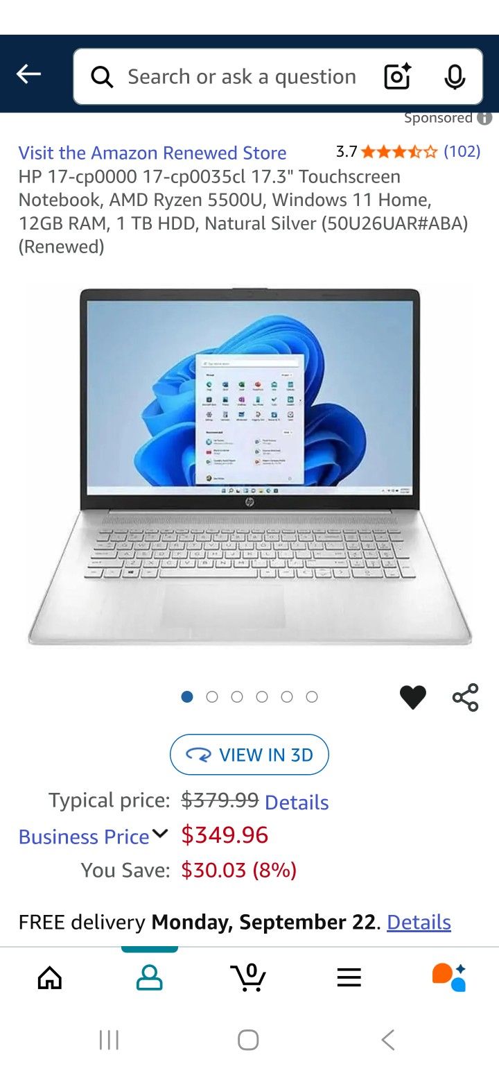 17.3" Touchscreen Notebook, AMD Ryzen 5500U, Windows 11 Home, 16GB RAM, 1 TB SDD, (Certified Refurbished)