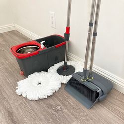 $30 (Brand New) Broom Dustpan and Spin Mop Set Extended Handle w/ 2pc Microfiber Replacements
