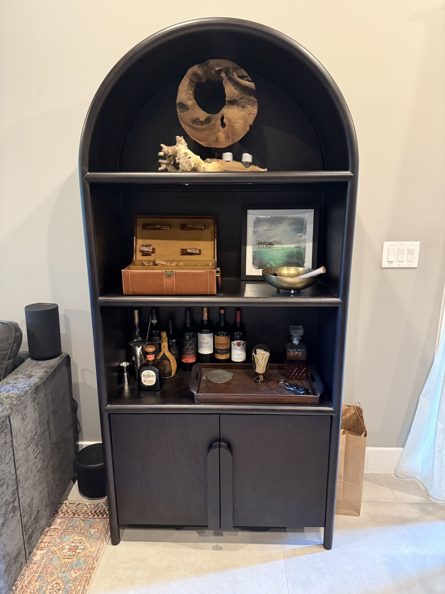 Crate & Barrel “Annie” 38″ Arched Storage Bookcase - Charcoal Brown Oak, 80″ H