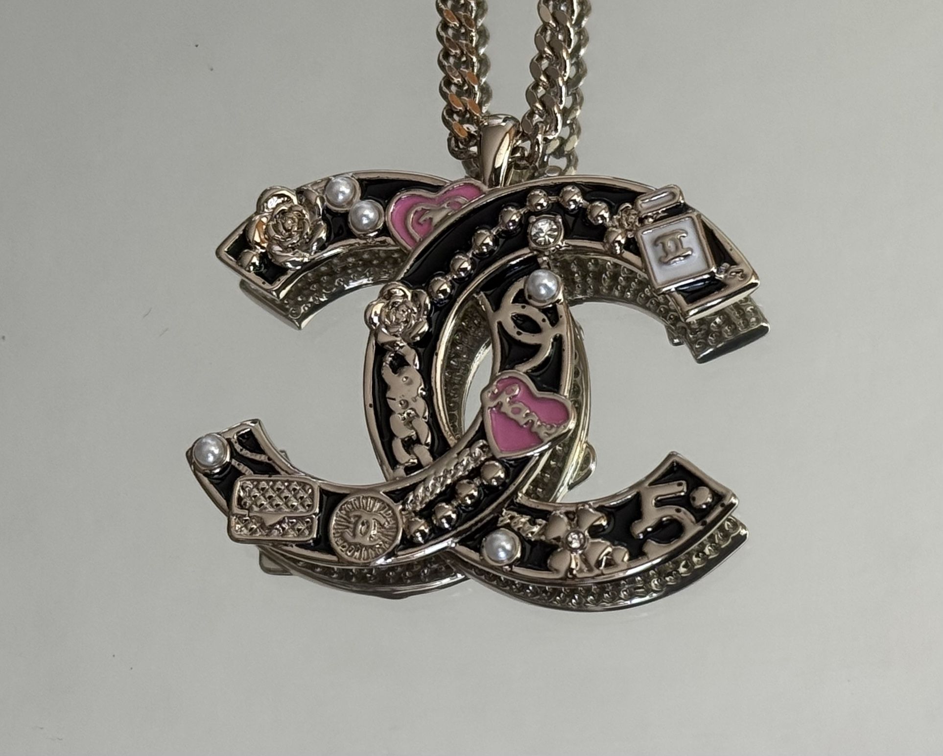 CC Black Enamel Silver Logo Necklace