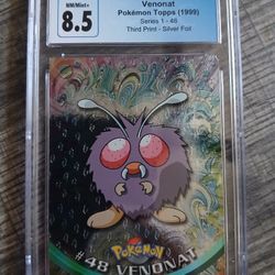 1999 Topps Pokémon Series 1, #48 Venonat "Third Print Silver Foil" card, graded 8.5 NM/Mint+ by CGC