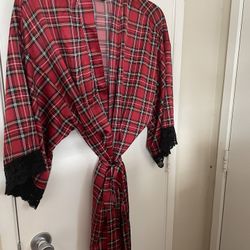 Silk Plaid Plus Size Robe With Tie