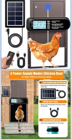 Automatic Chicken Coop Door Solar Powered, LCD Screen Electric Auto Chicken Coop Door with Timer & Light Sensor, Aluminum Rechargeable Auto Chicken Do