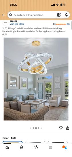 cenozo 31.5" 3 Ring Crystal Chandelier Modern LED Dimmable Gold
