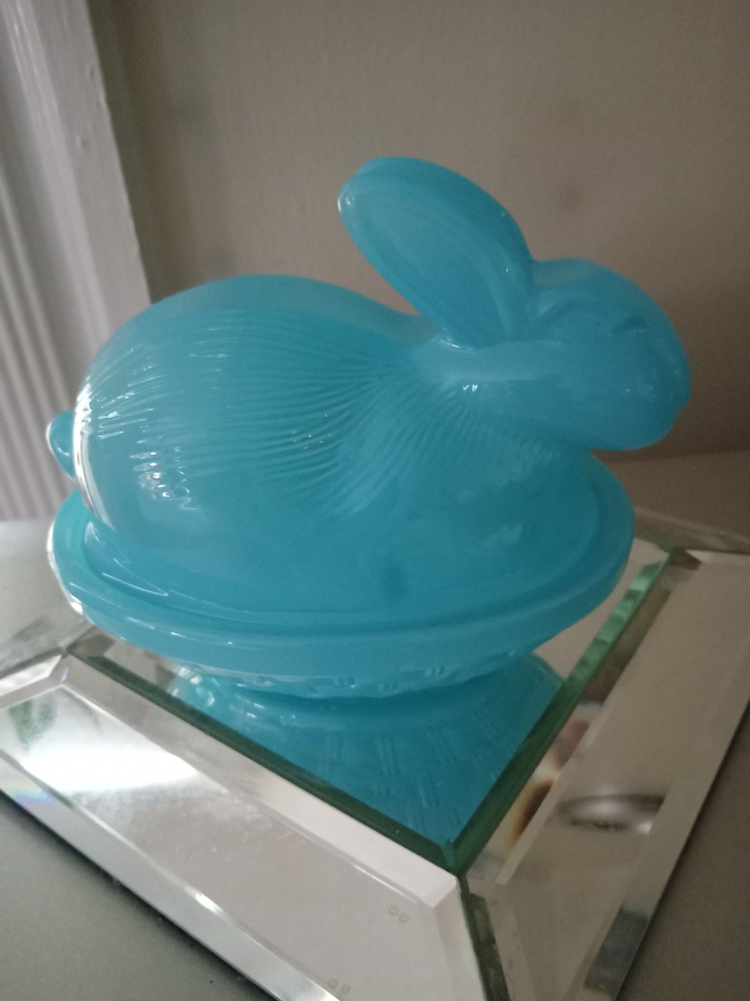 Blue Vintage Depression Milk Glass Rabbit Candy Dish