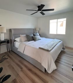 Gray Upholstered Wingback Bed Frame