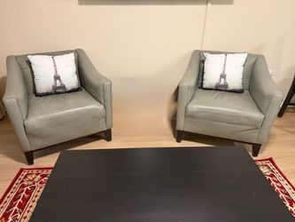 Pair of Green Leather Accent Chairs - Excellent Condition