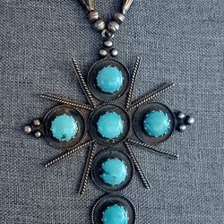 Large Vintage Native Turquoise Cross Sterling Necklace