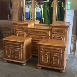 Dresser 67” x 19” x 42” nightstands 28” x 19” x 28” with adjustable mirror lots of storage in the dresser