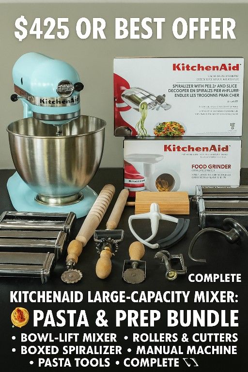 KitchenAid Mixer + Pasta & Prep Bundle — $425 OBO  
✅ Premium Blue | Large-Capacity Bowl-Lift | Boxed Attachments | Full Pasta Kit  