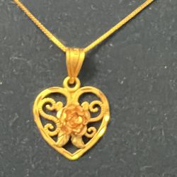 Michael Anthony 14K Yellow Gold Heart With A 14K Rose Gold Rose Pendant And 14K Gold Necklace